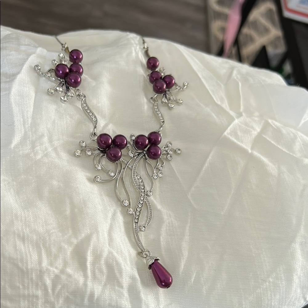Floral Purple and Silver Necklace with Teardrop Pendant